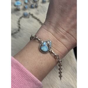 925 Sterling Silver Blue Golden Hills Turquoise Tear Drop Handmade Link Bracelet